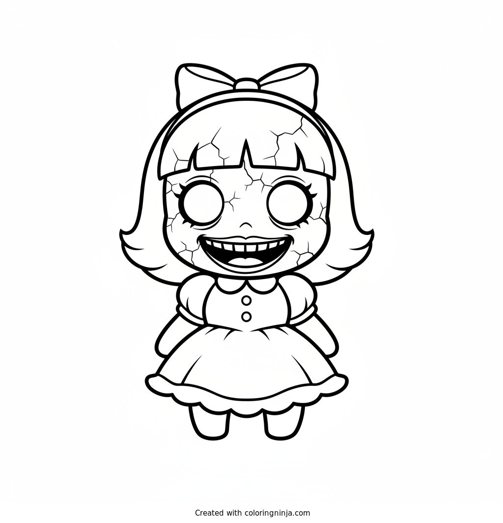 Coloring page of Cute chibi-style Miss Delight with a cracked porcelain doll face and wide creepy grin