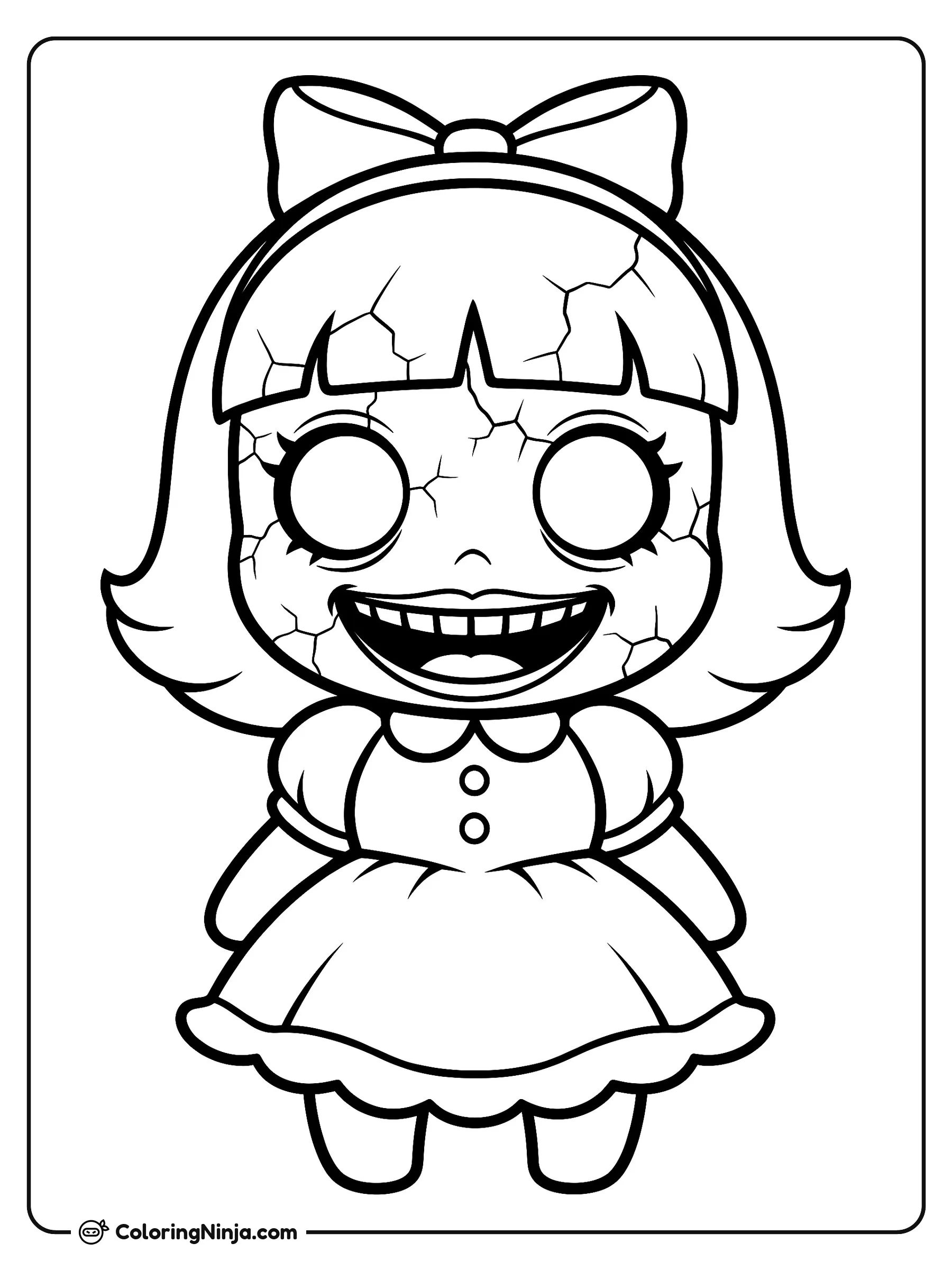 Miss Delight Chibi Sonriente, dibujo para colorear: La tierna Miss Delight en estilo chibi aparece en el centro con una amplia sonrisa llena de dientes y grietas en el rostro.