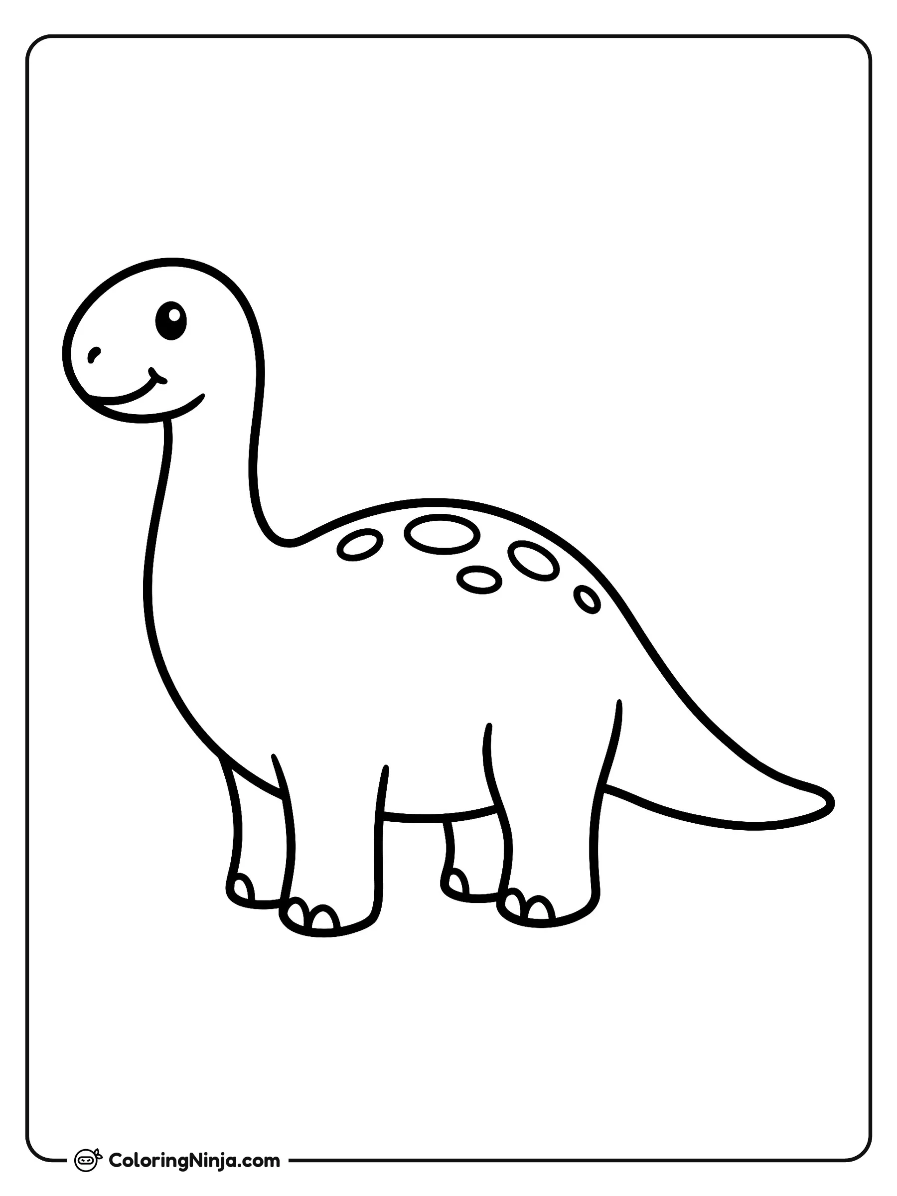 Un tierno dinosaurio de cuello largo, dibujo para colorear: Un adorable dinosaurio de cuello largo posa de perfil con una suave sonrisa. Cuenta con manchas redondeadas en su lomo y patas firmes apoyadas en el suelo.