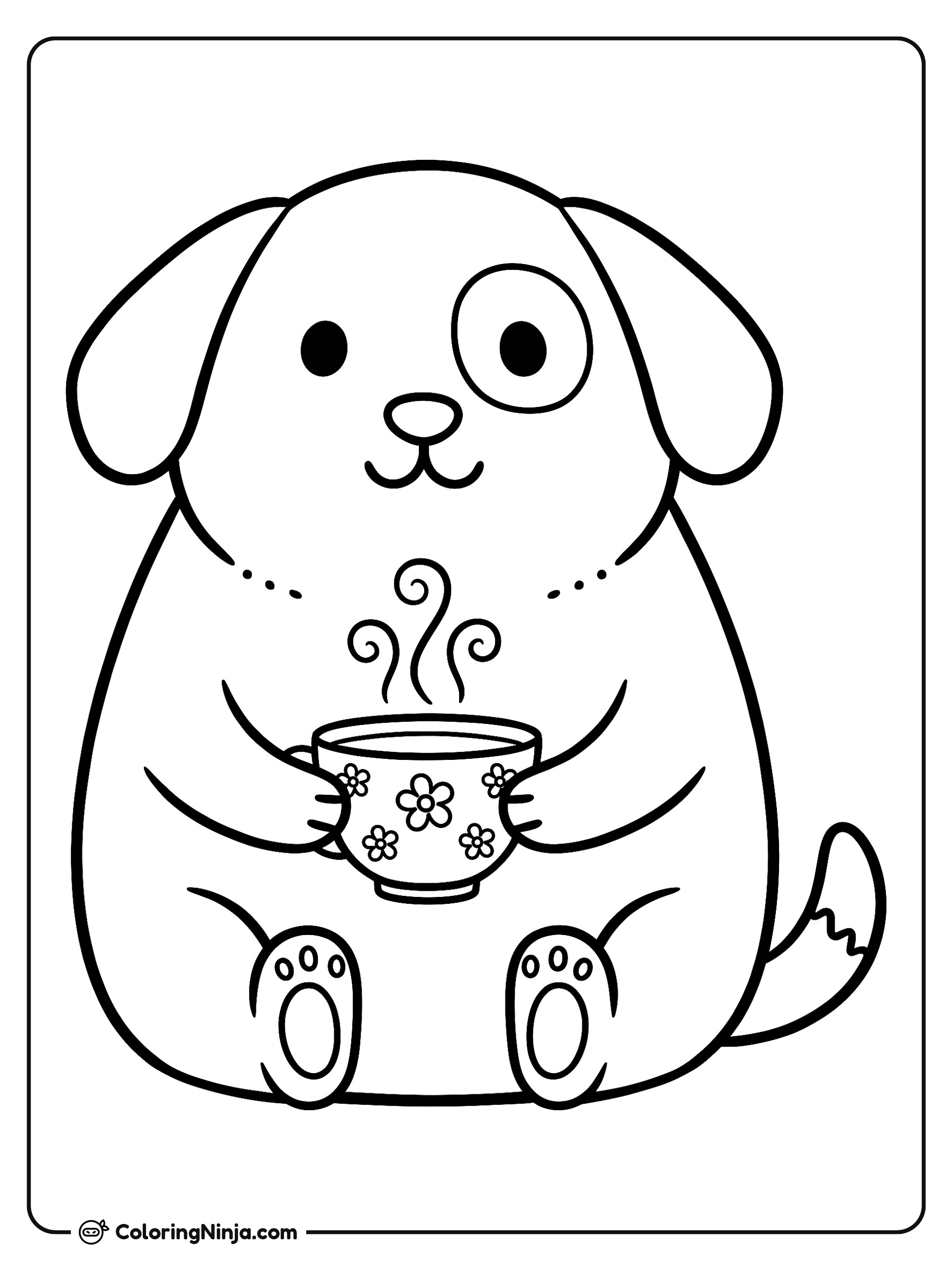 Perrito tierno con taza de té: dibujo para colorear