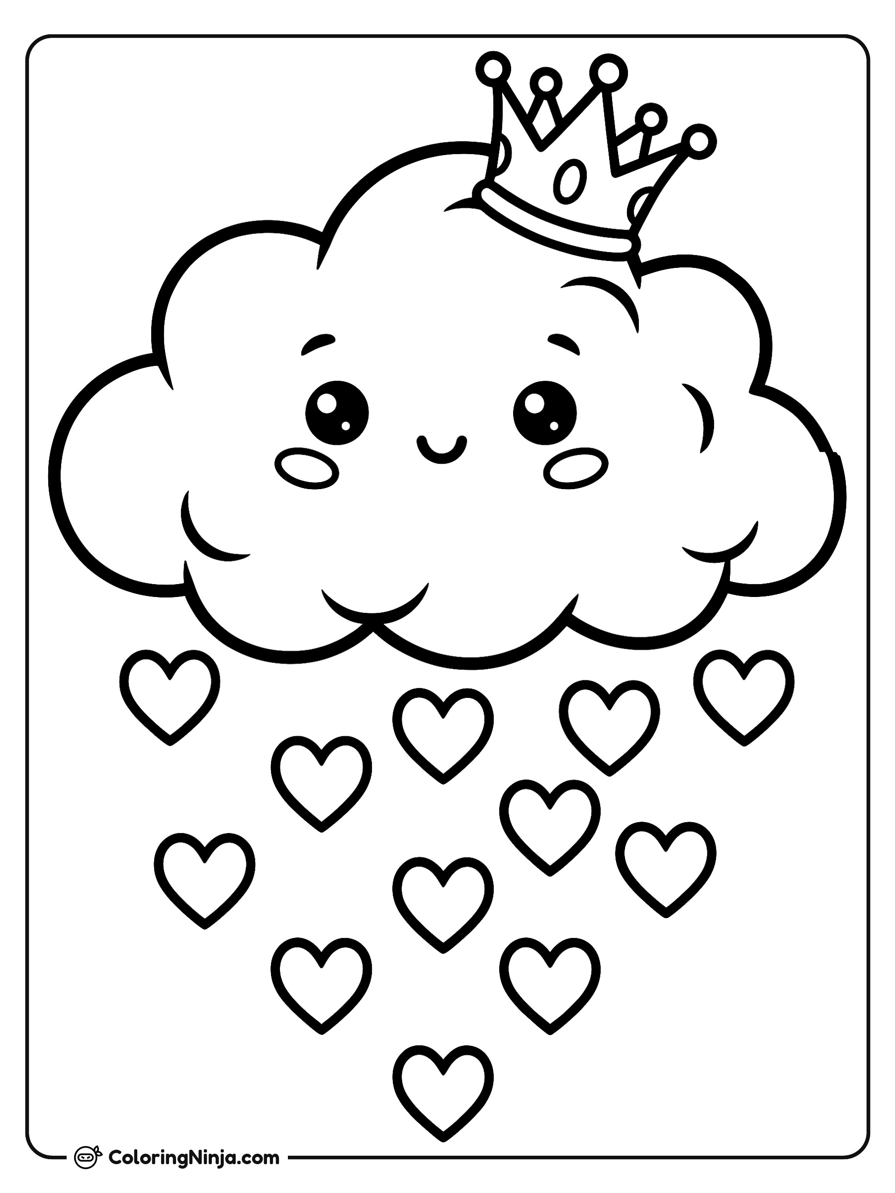 Nube feliz dejando caer pequeños corazones: dibujo para colorear