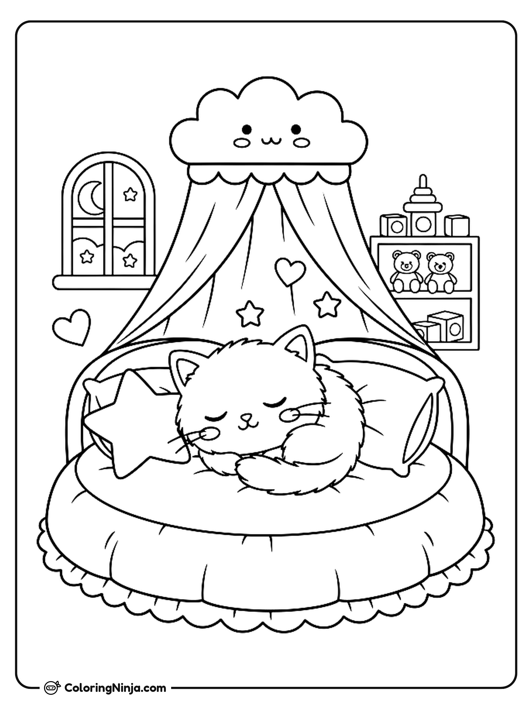 Cute Fluffy Kitten Sleeping In Bedroom Coloring Page