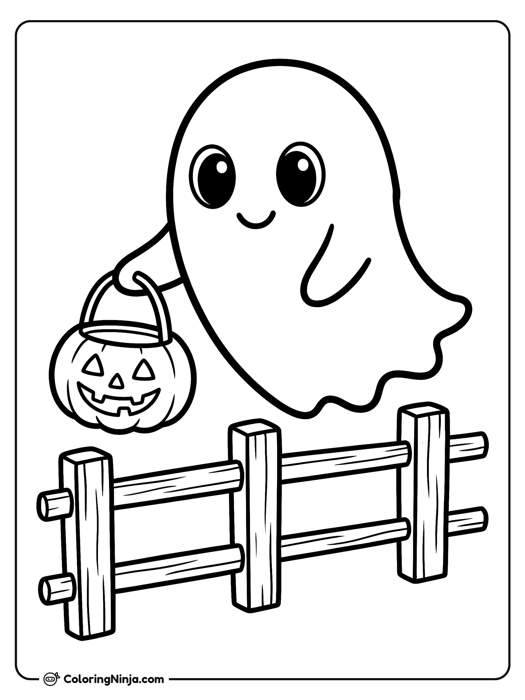 Pared fantasma pidiendo dulces, dibujo para colorear: Un amigable fantasma flota alegremente sobre una cerca de madera mientras pide dulces de Halloween.