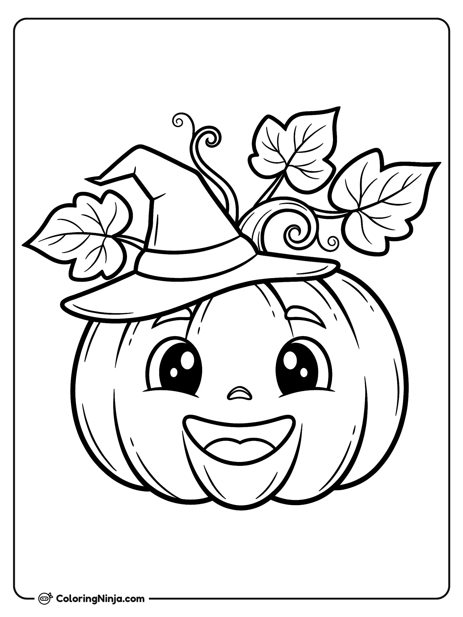 Calabaza amigable con sombrero de bruja, dibujo para colorear: Una pequeña calabaza sonriente lleva un sombrero de bruja inclinado hacia un lado. A su alrededor sobresalen grandes hojas y zarzillos rizados que nacen del tallo.