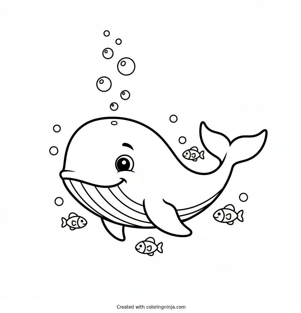 Friendly Whale Underwater Swimming Coloring Page