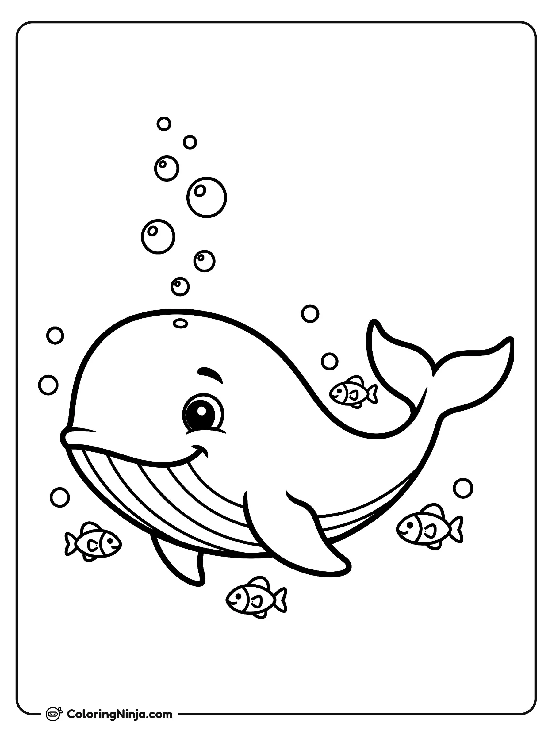 Ballena amigable nadando bajo el agua, dibujo para colorear: Una alegre ballena nada bajo el mar rodeada de pequeños peces sonrientes y burbujas que flotan hacia la superficie.