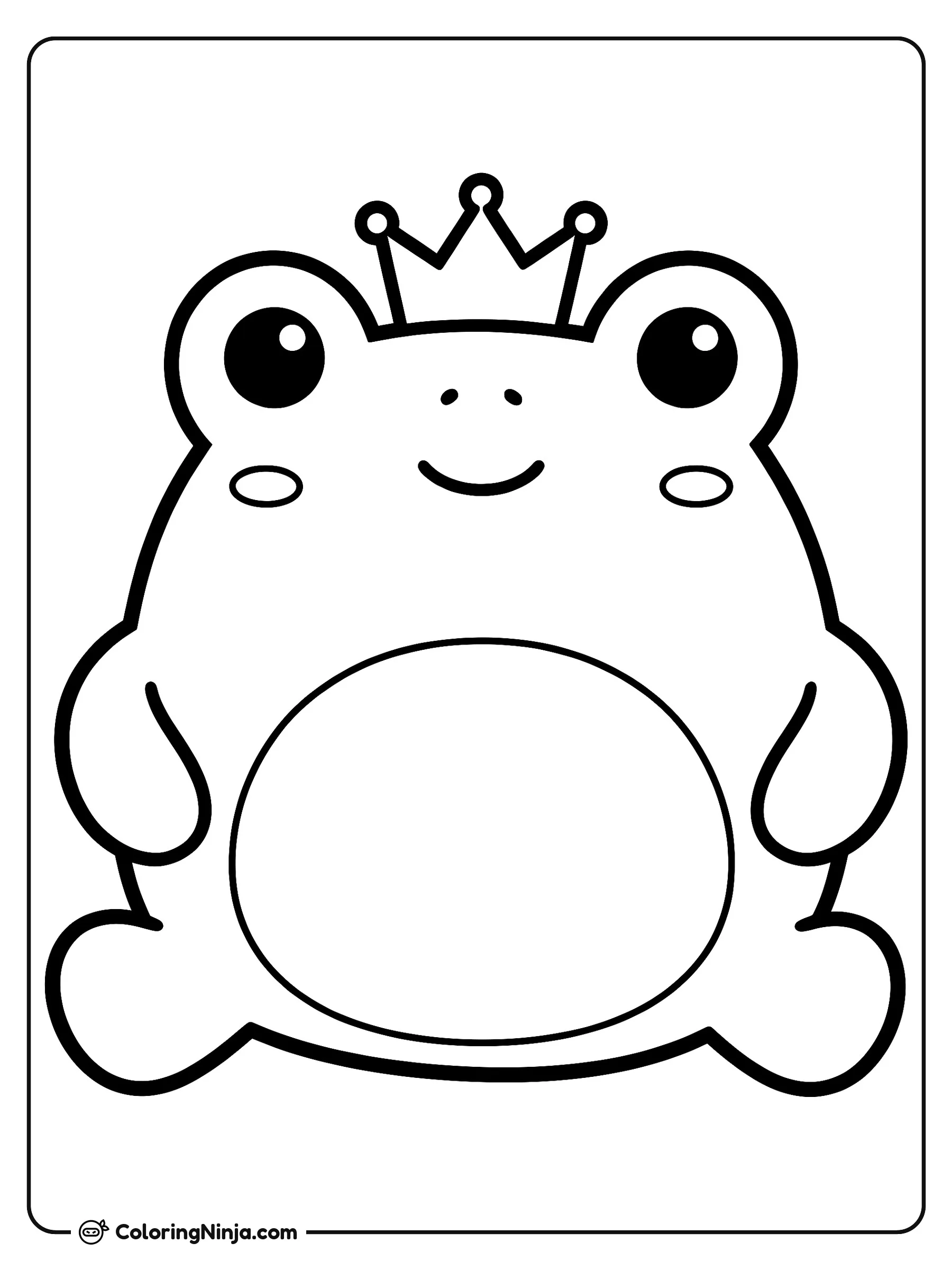 Rana tierna con una pequeña corona, dibujo para colorear: Una simpática rana con una pequeña corona está sentada sonriendo hacia al frente. Tiene una barriga redonda, ojos grandes y amigables, además de mejillas rosadas.