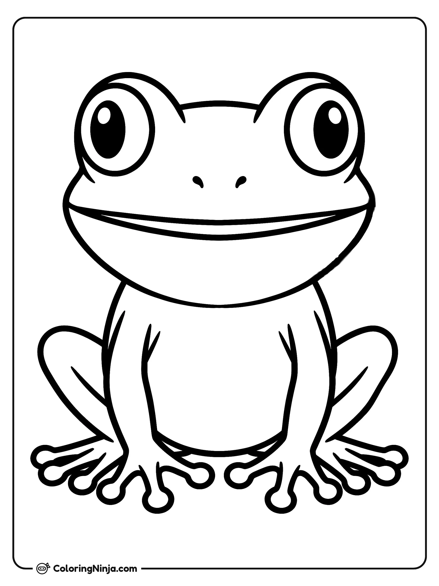 Lindo sapito sentado y mirando al frente, dibujo para colorear: Un adorable sapito está sentado erguido mientras mira hacia adelante con unos ojos enormemente redondos y una gran sonrisa amigable.