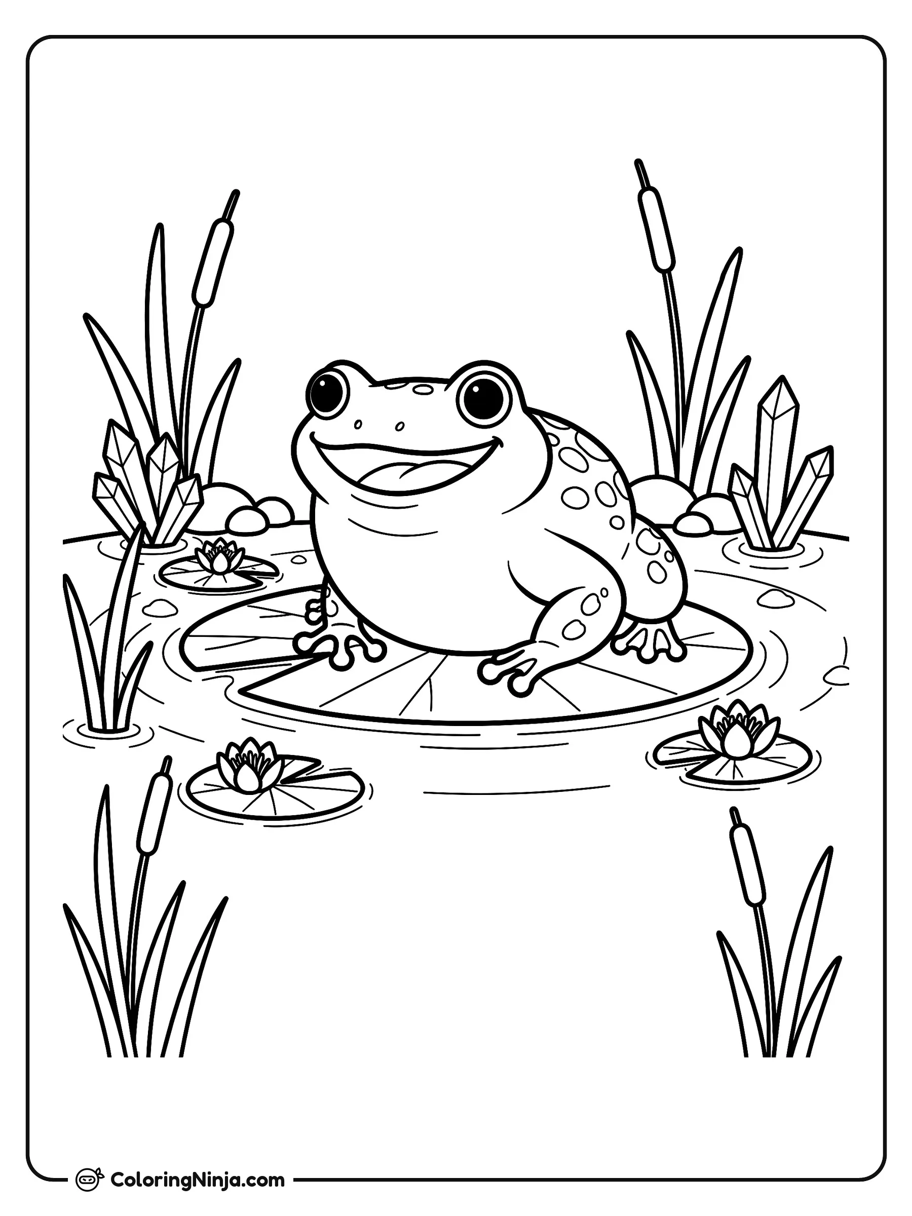 Rana feliz en un nenúfar, dibujo para colorear: Una simpática rana sonriente descansa sobre una gran hoja de nenúfar en medio de un tranquilo estanque.