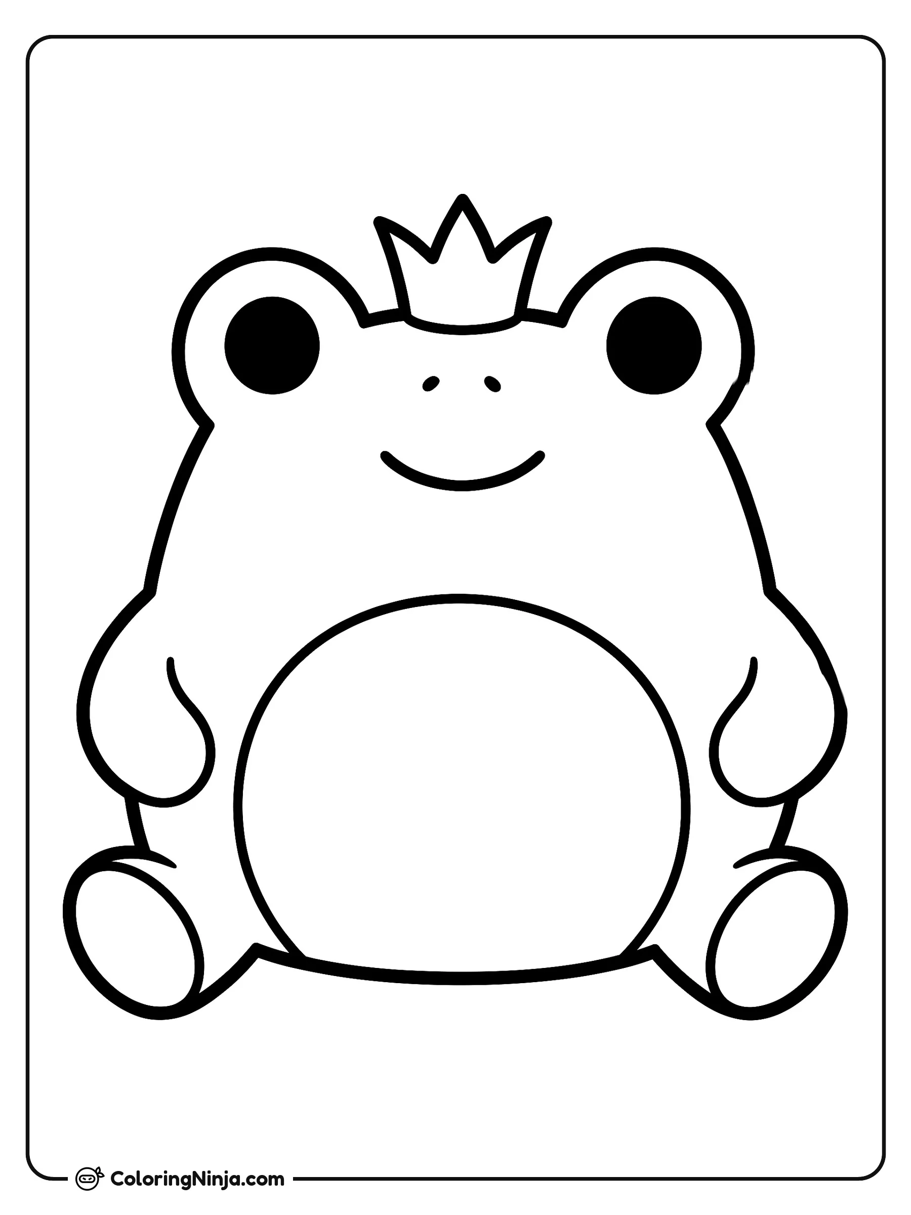 Lindo sapito con una pequeña tiara, dibujo para colorear: Un tierno sapo está sentado con una sonrisa agradable, luciendo una gran panza redonda y ojos oscuros. En su cabeza lleva una pequeña tiara de tres puntas.