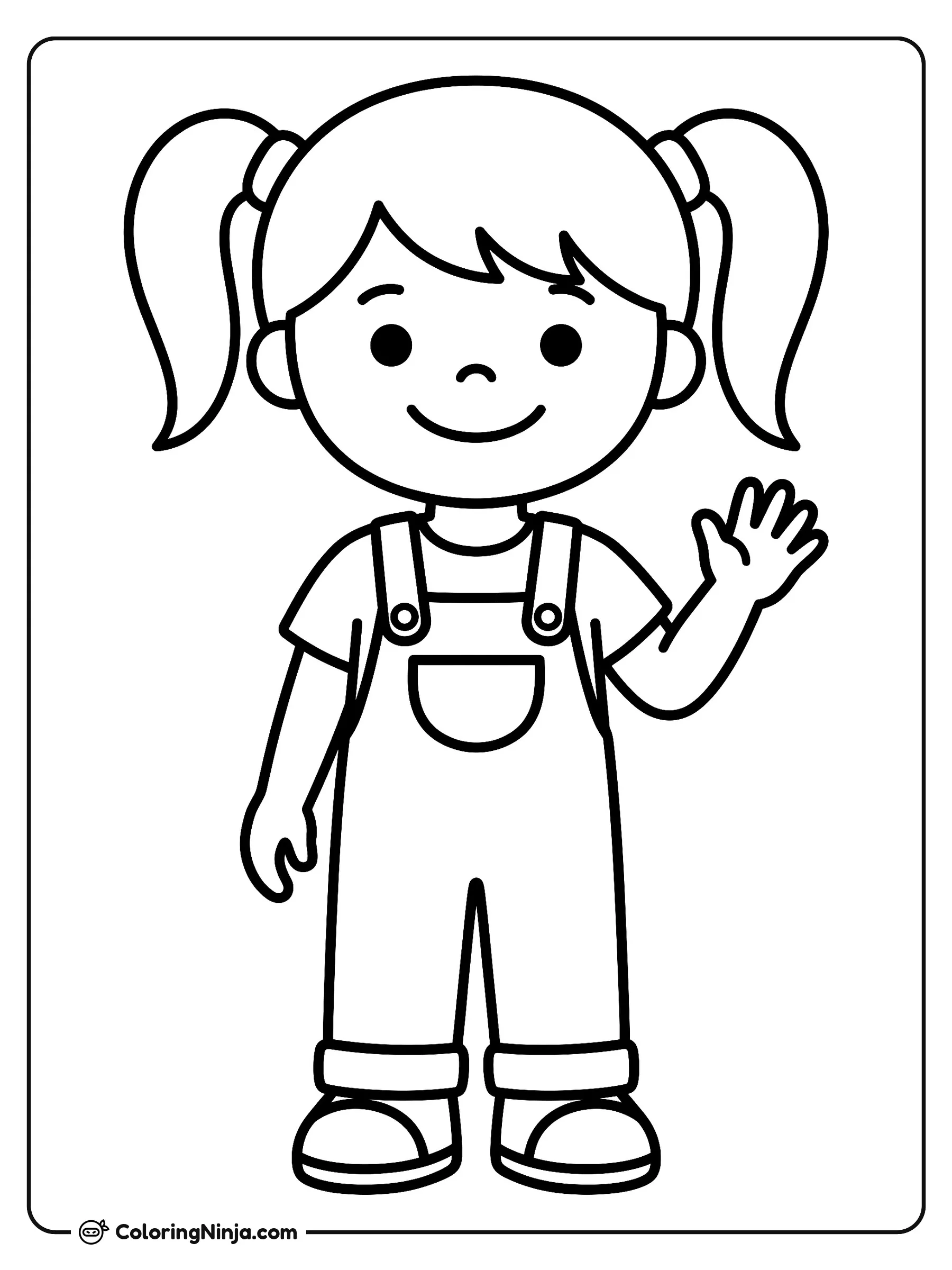 Una linda niña saludando, dibujo para colorear: Una linda niña viste un overol con camiseta de manga corta y sonríe amistosamente mientras levanta su mano para saludar.