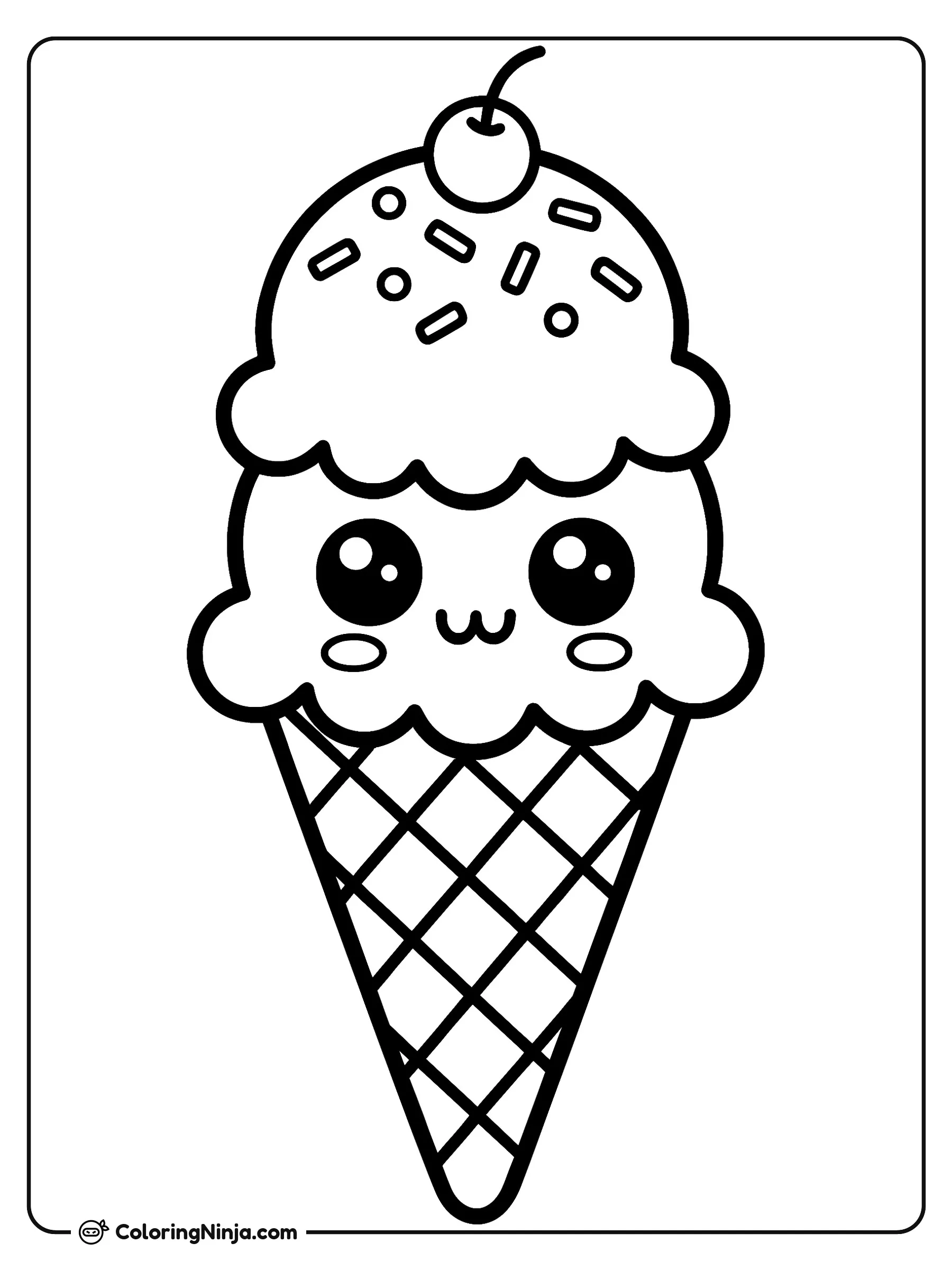 Lindo cono de helado, dibujo para colorear: Un adorable cono de helado cuenta con dos bolas apiladas sobre un barquillo crujiente.