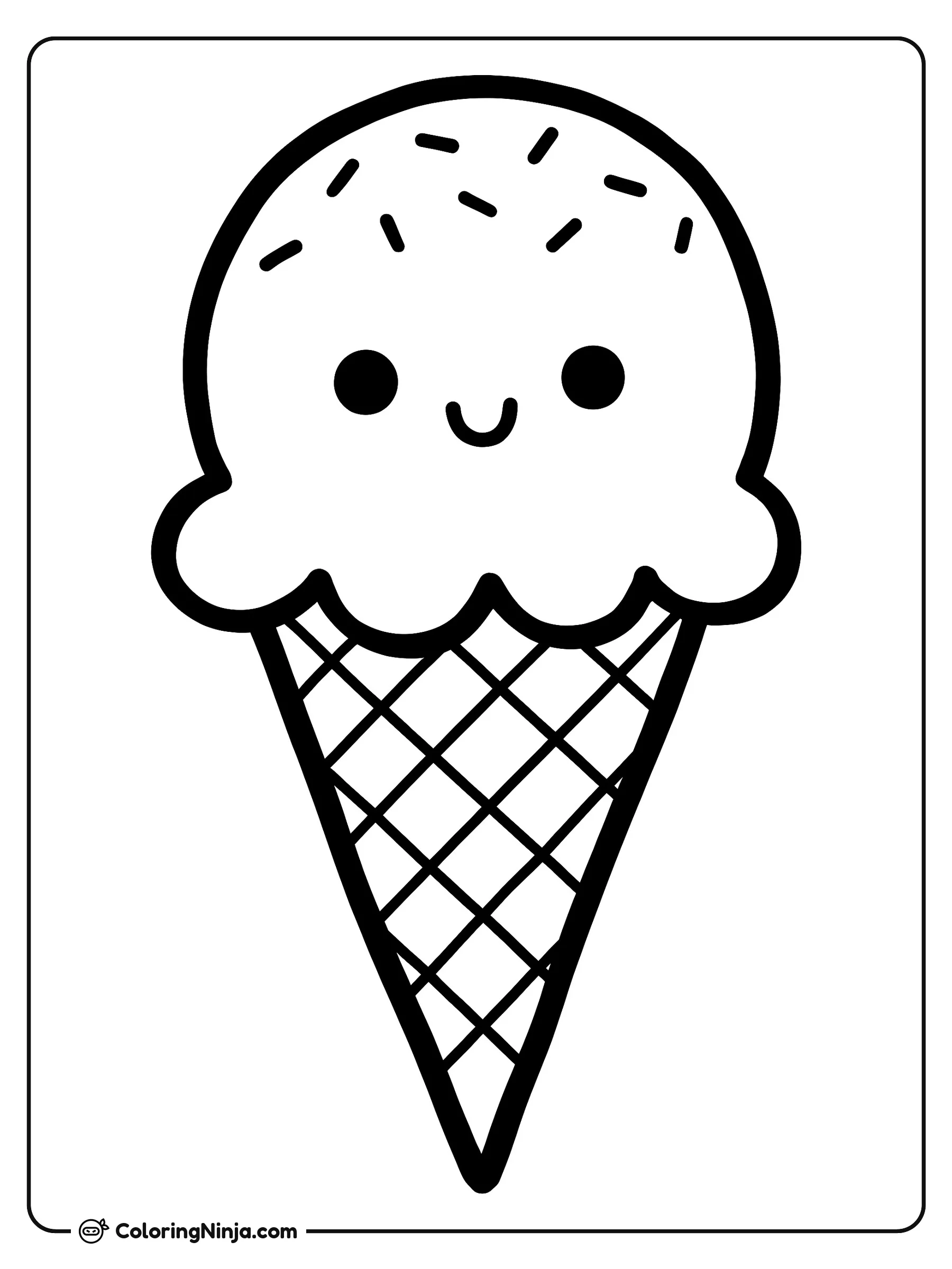 Un Lindo Cono de Helado, dibujo para colorear: Un adorable cono de helado se sostiene erguido con una cara sonriente y chispas esparcidas por la parte superior.