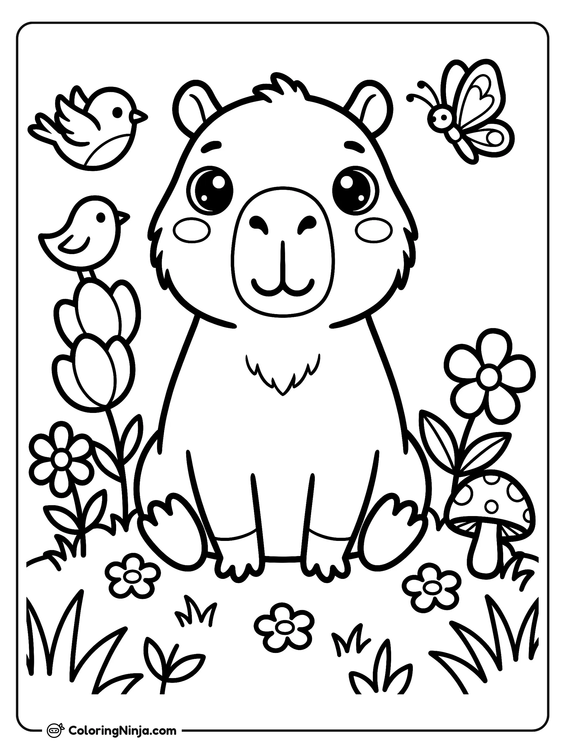 Tierno capibara kawaii en el jardín, dibujo para colorear: Un tierno capibara estilo kawaii descansa tranquilamente al aire libre en un jardín lleno de flores, pasto y un hongo silvestre.