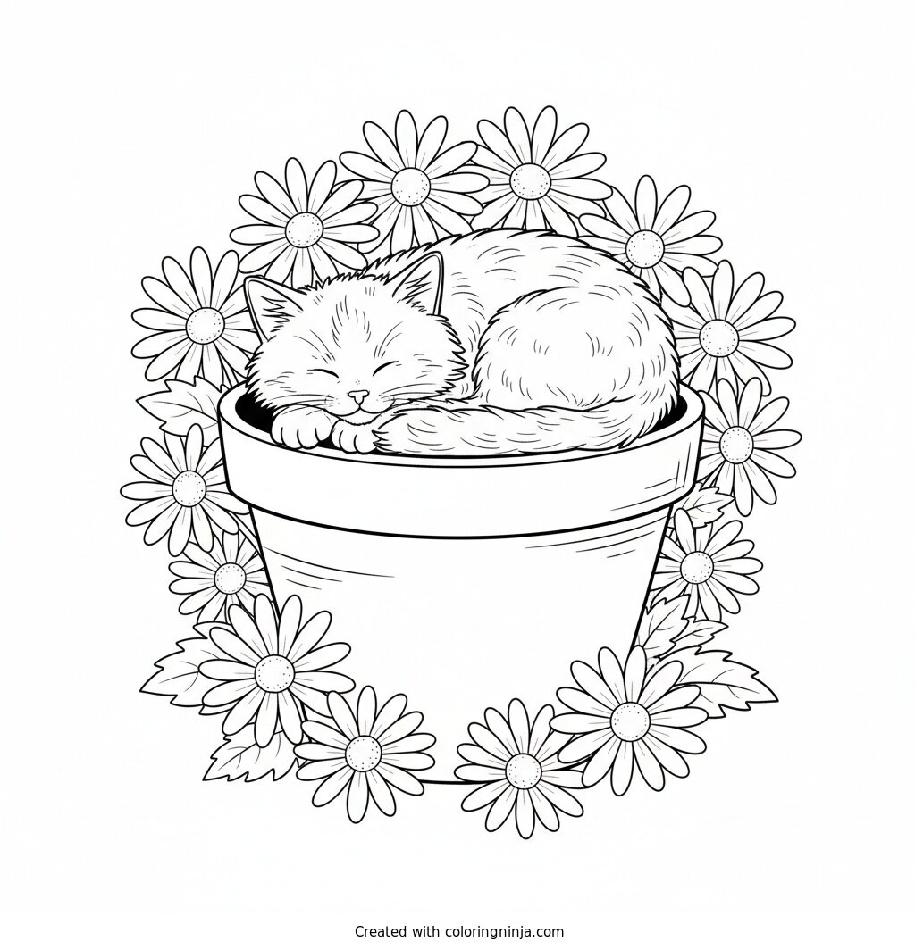 Cozy Kitten in the Garden Coloring Page