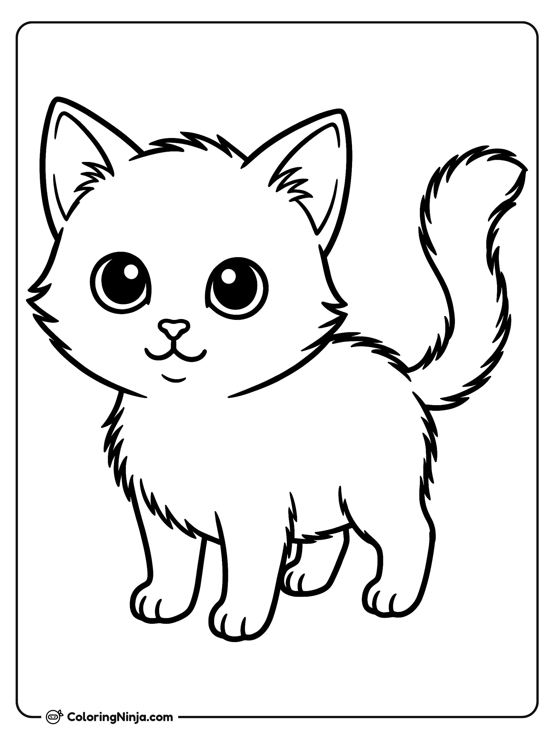 Un gatito muy tierno, dibujo para colorear: Un pequeño gatito está parado sobre sus cuatro patas con su cola esponjosa levantada en el aire. Tiene ojos grandes y redondos, orejas puntiagudas y un suave pelaje en el pecho.