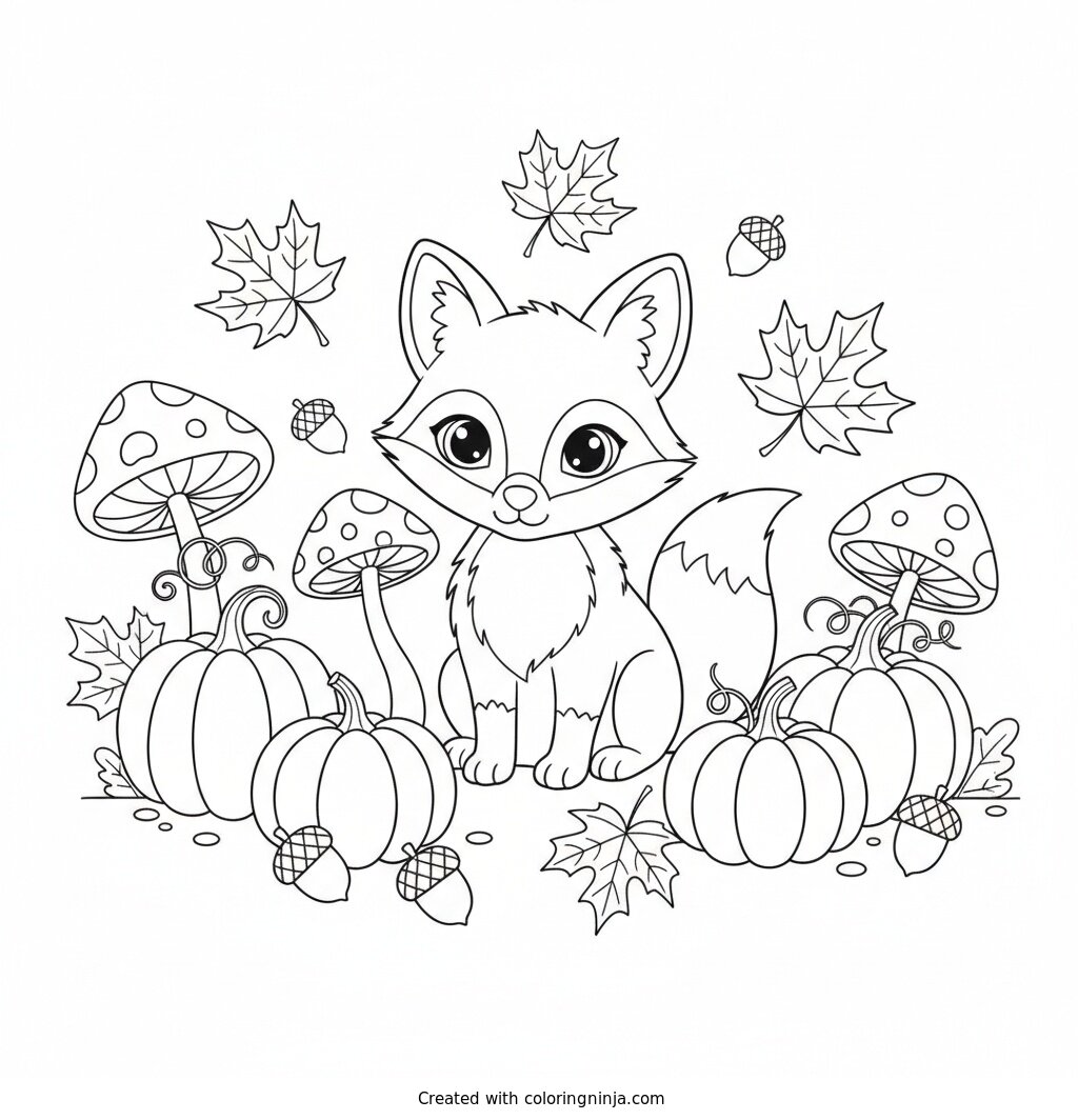 A Little Fox Among Pumpkins Coloring Page