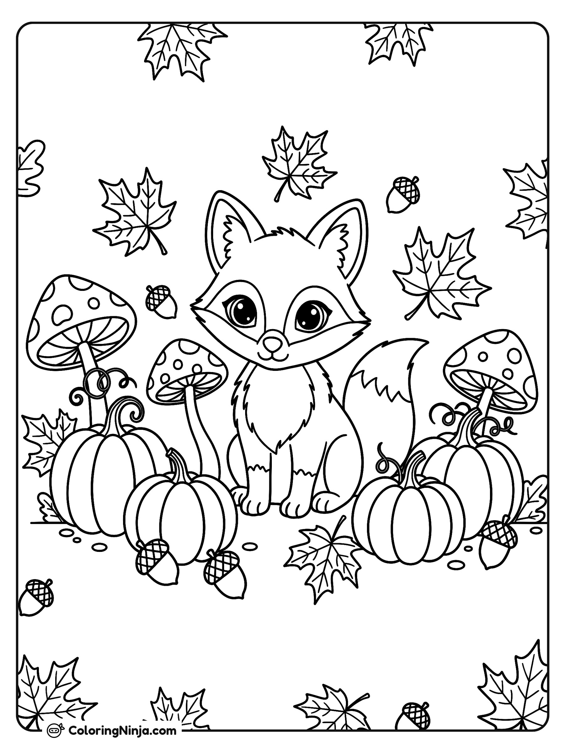 Un zorrito entre calabazas de otoño: dibujo para colorear