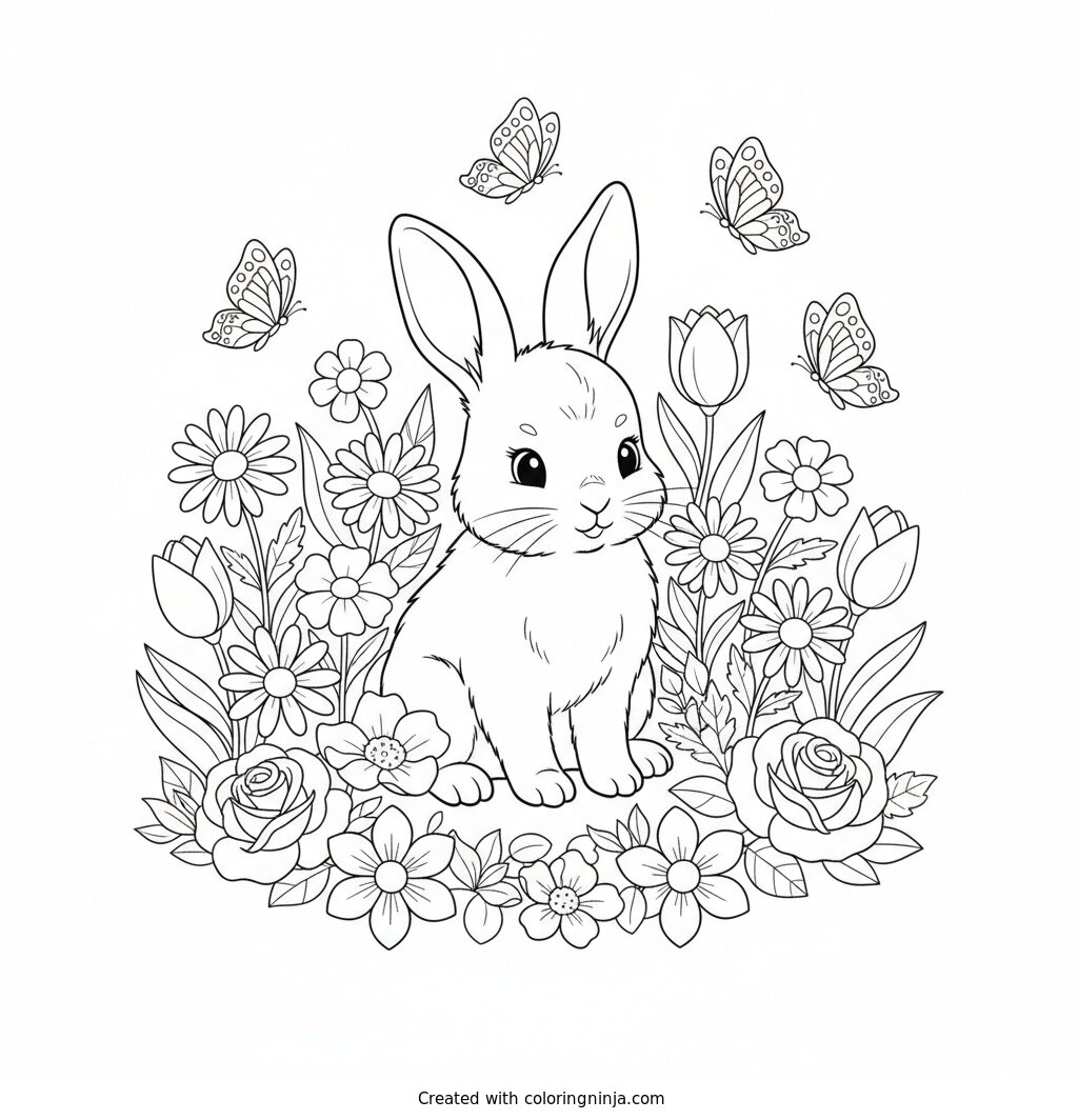 Cute Rabbit In A Garden Coloring Page