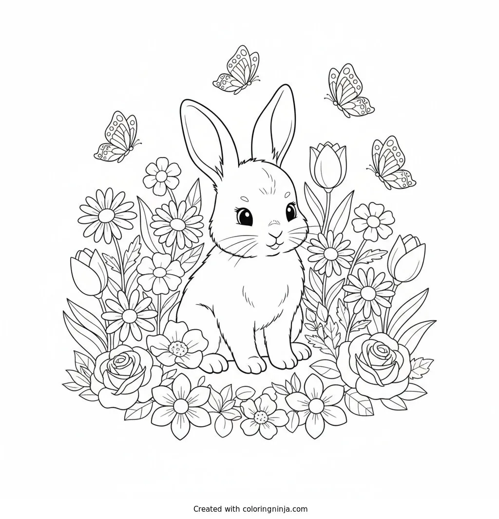 Cute Rabbit In A Garden Coloring Page: This page features a cute little rabbit sitting peacefully in a vibrant garden. Surrounding the rabbit are various open flowers and fluttering butterflies.