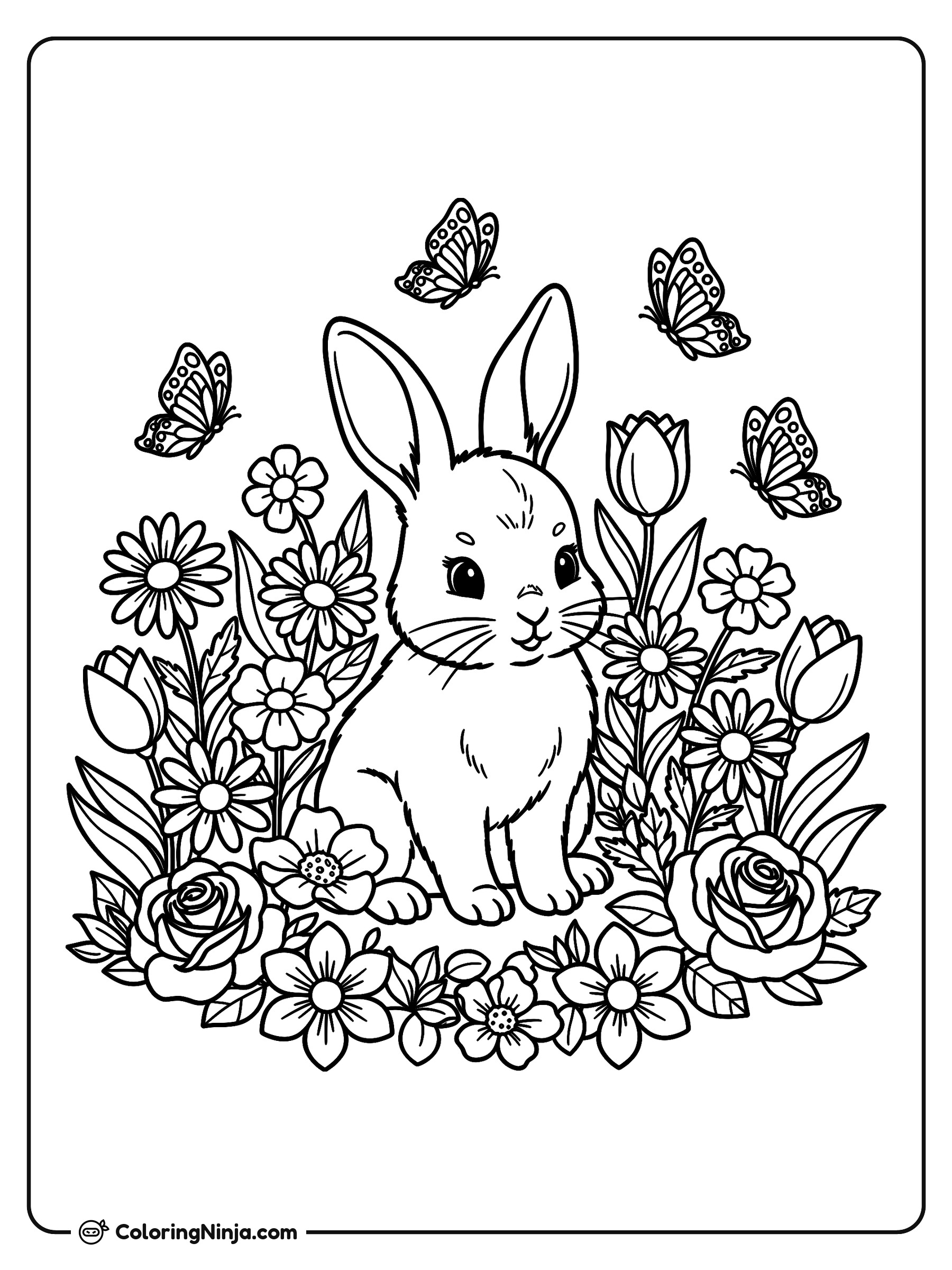 Conejo tierno en un jardín: dibujo para colorear