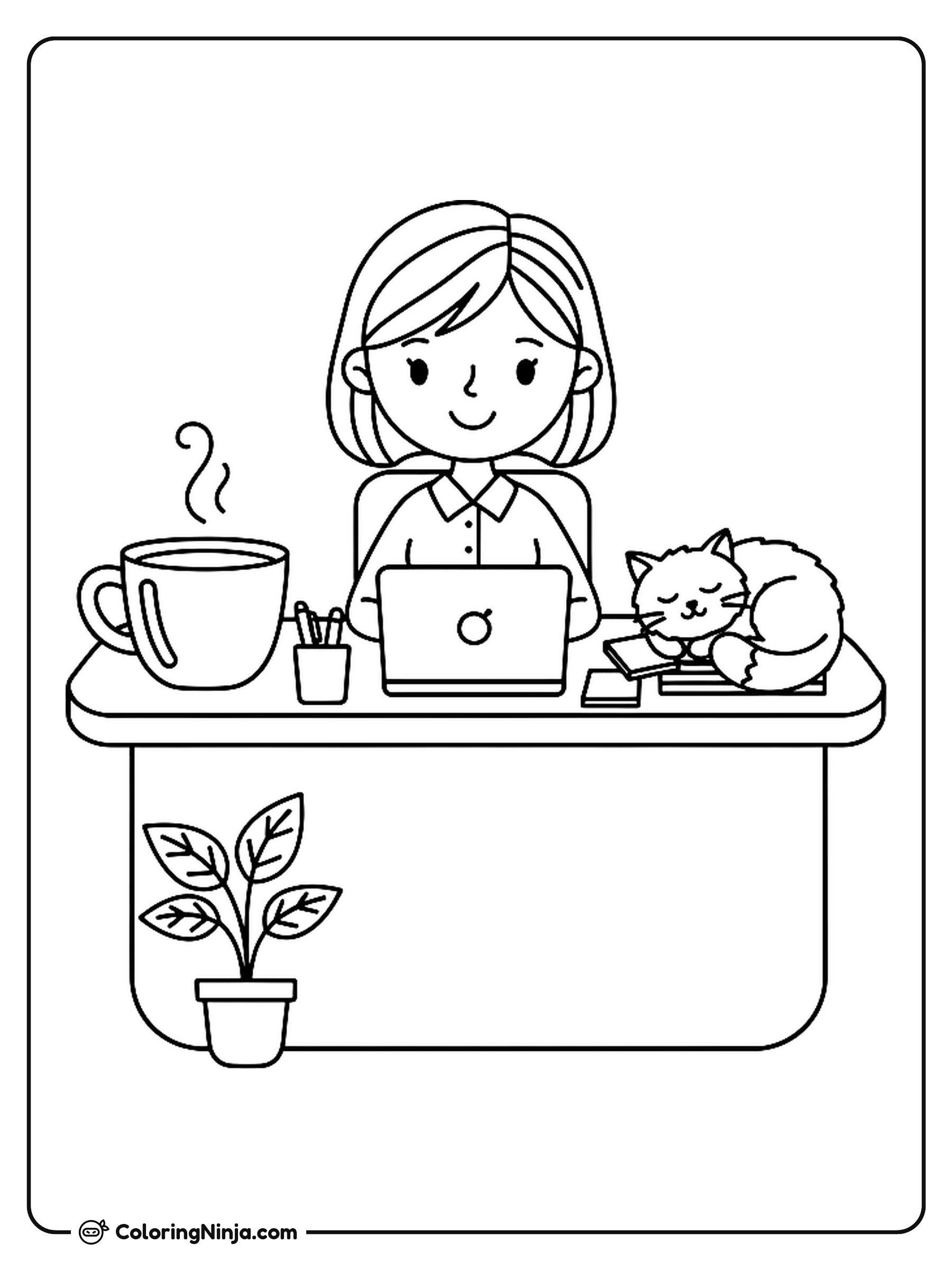A Cute Office Worker at Desk Coloring Page