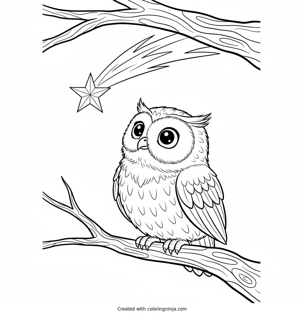 Nighttime Owl and Shooting Star Coloring Page