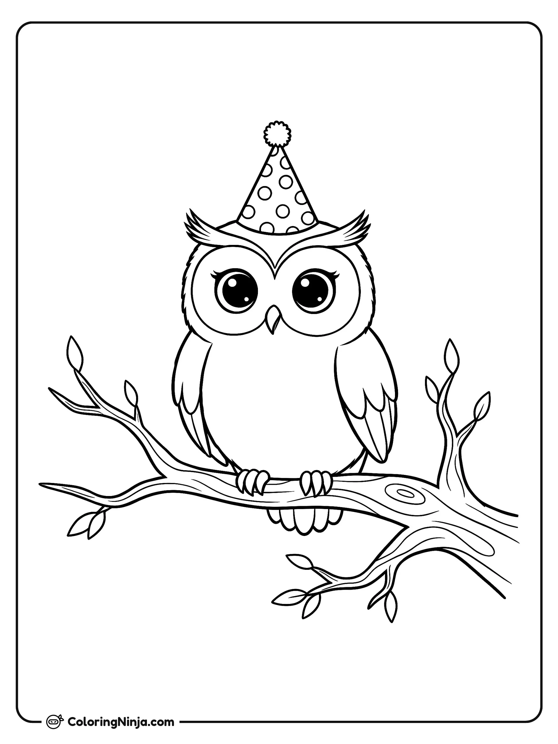 Búho nocturno en una rama, dibujo para colorear: Un tierno búho con sombrero de fiesta de lunares descansa cómodamente sobre la rama de un árbol.