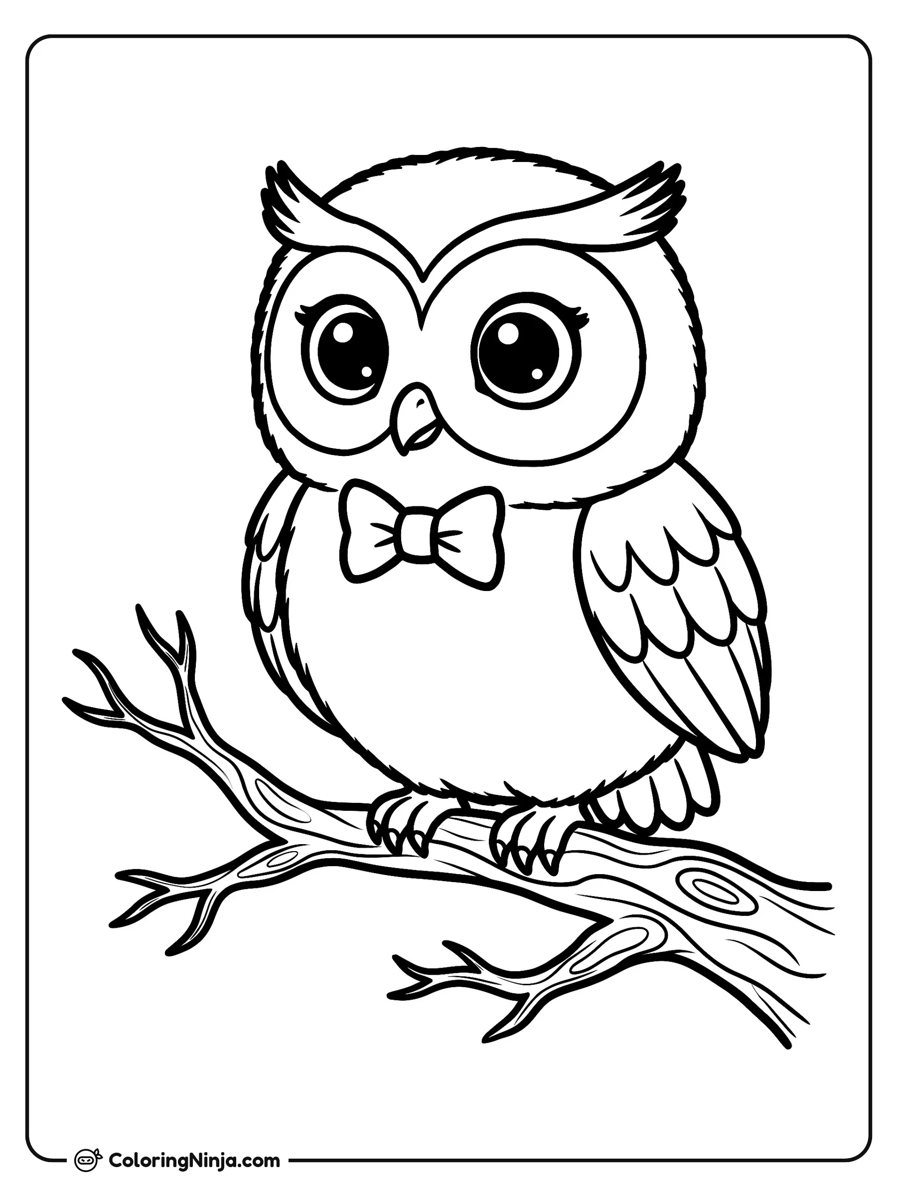 Búho nocturno en un árbol, dibujo para colorear: Un tierno búho con moño está posado tranquilamente sobre la rama de un árbol.