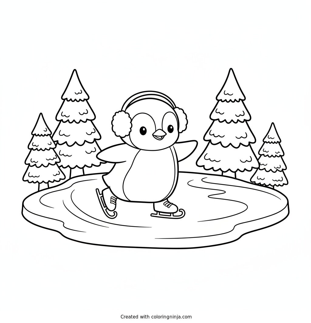 Penguin Ice Skating Fun Coloring Page