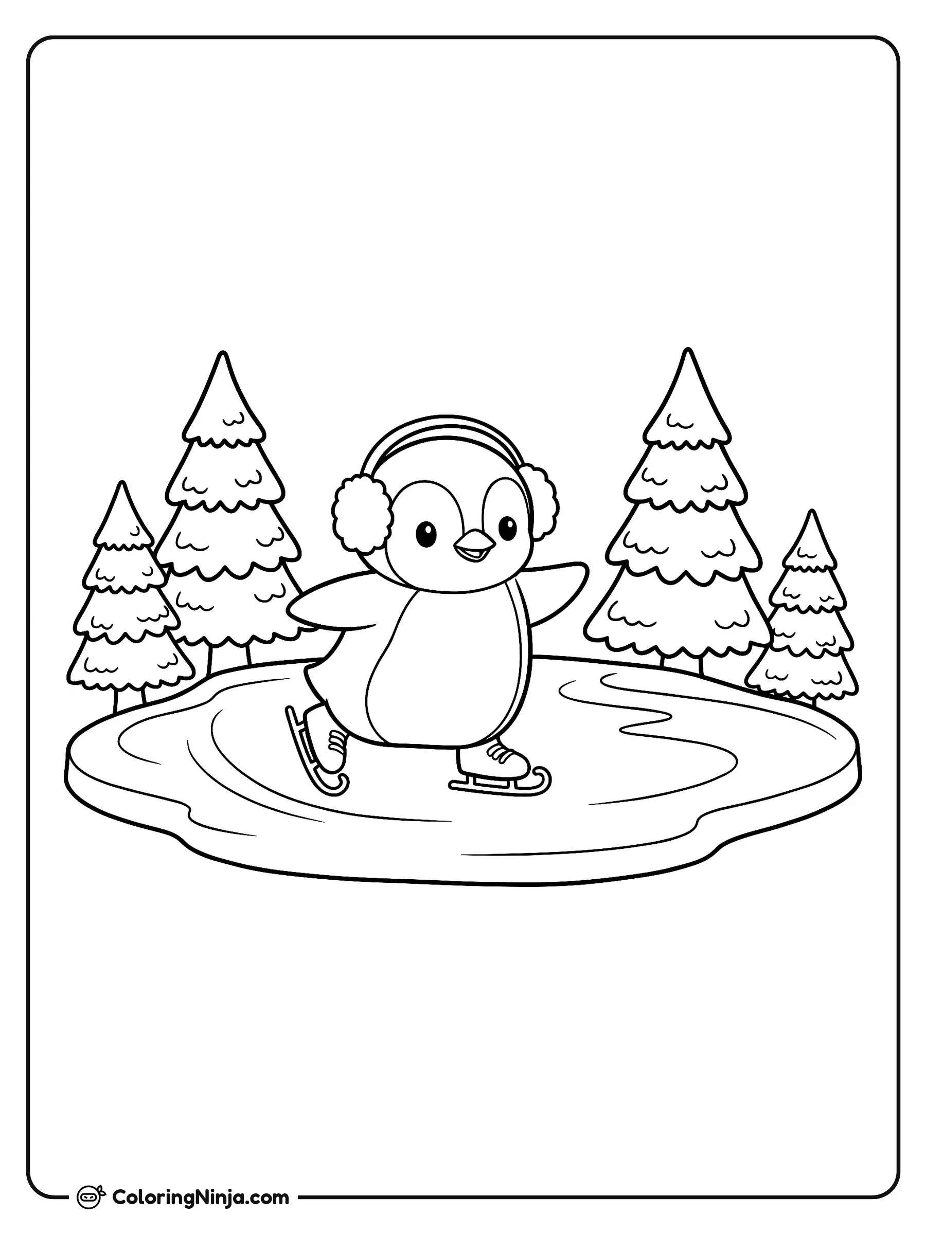 Pingüino patinando sobre hielo, dibujo para colorear: Un alegre pingüino se desliza sobre un lago congelado usando patines de hielo y orejeras afelpadas. Varias pinos cubiertos de nieve rodean la pista, creando un hermoso paisaje invernal.