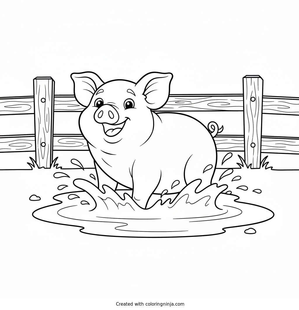 Playful Pig in the Mud Coloring Page