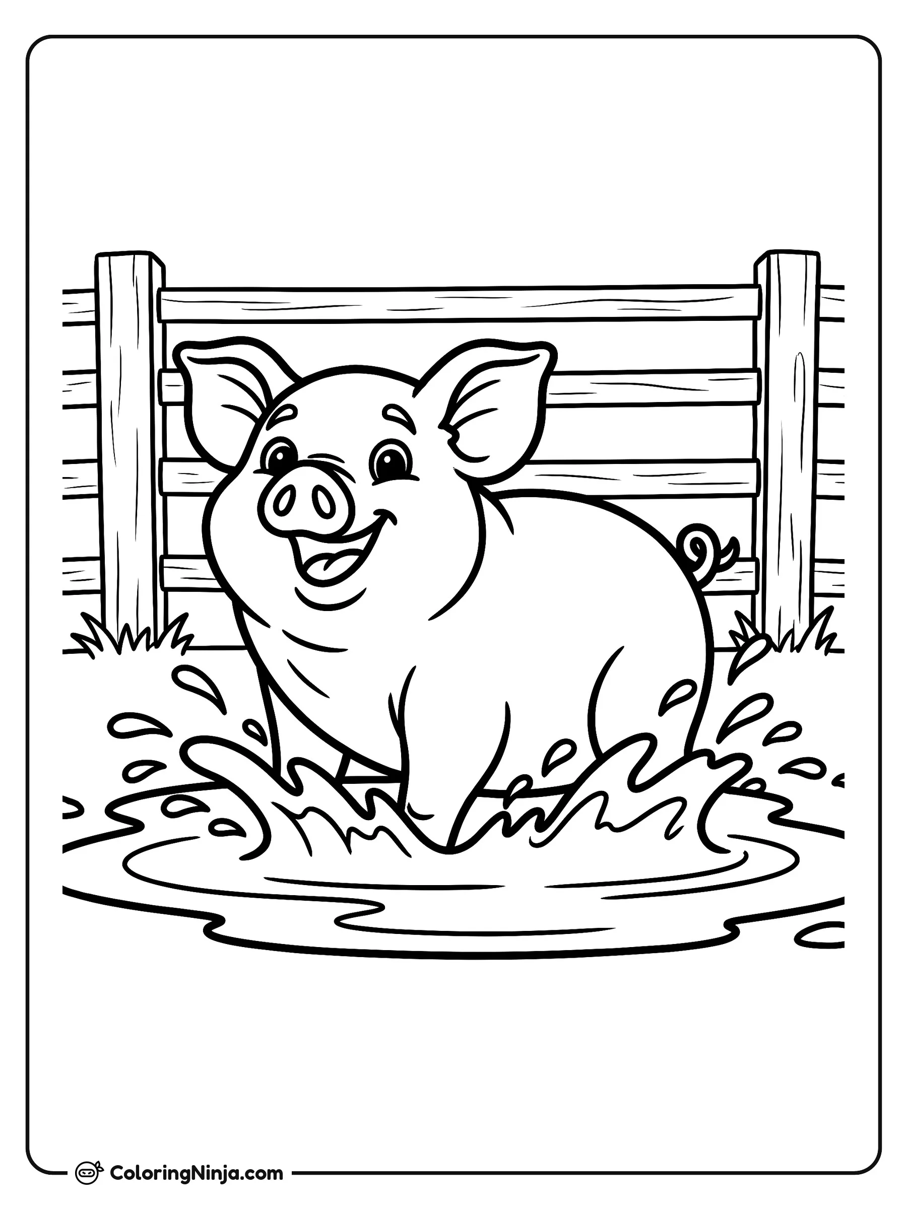 Cerdo juguetón en el lodo, dibujo para colorear: Un cerdito feliz se divierte salpicando en un charco de lodo en la granja, con una cerca de madera y pasto al fondo.