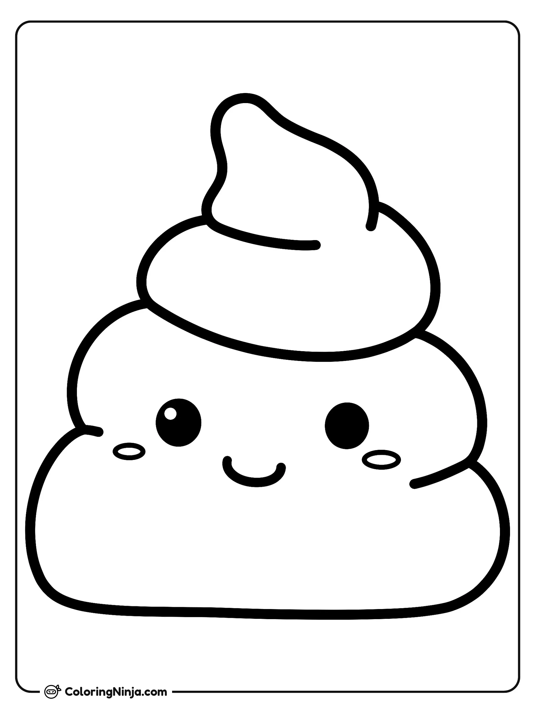 Emoji de Caca Tierno, dibujo para colorear: Un alegre emoji de caca sonríe con ojos redondos y tiernas mejillas. Su diseño en espiral cuenta con espacios amplios que facilitan mucho el coloreado.