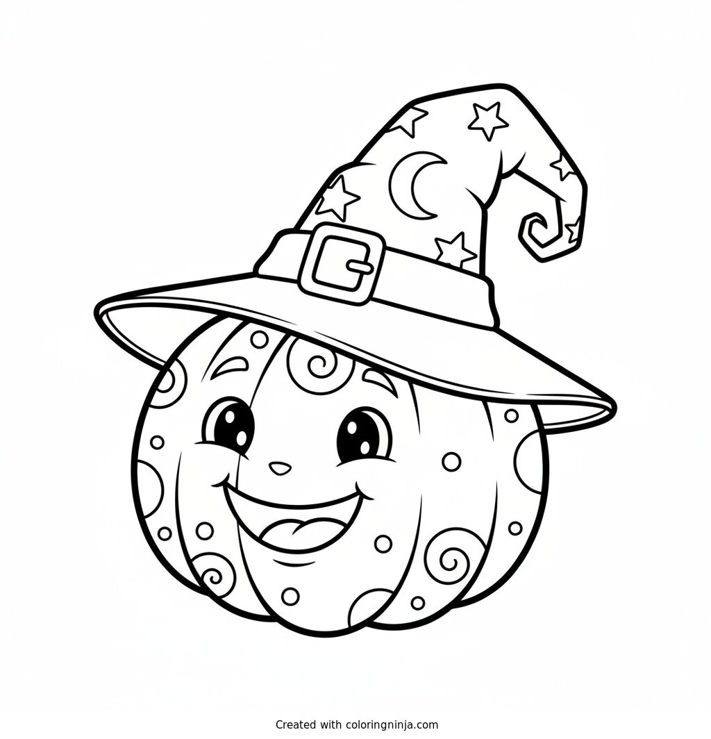Cute Pumpkin with Witch Hat Coloring Page