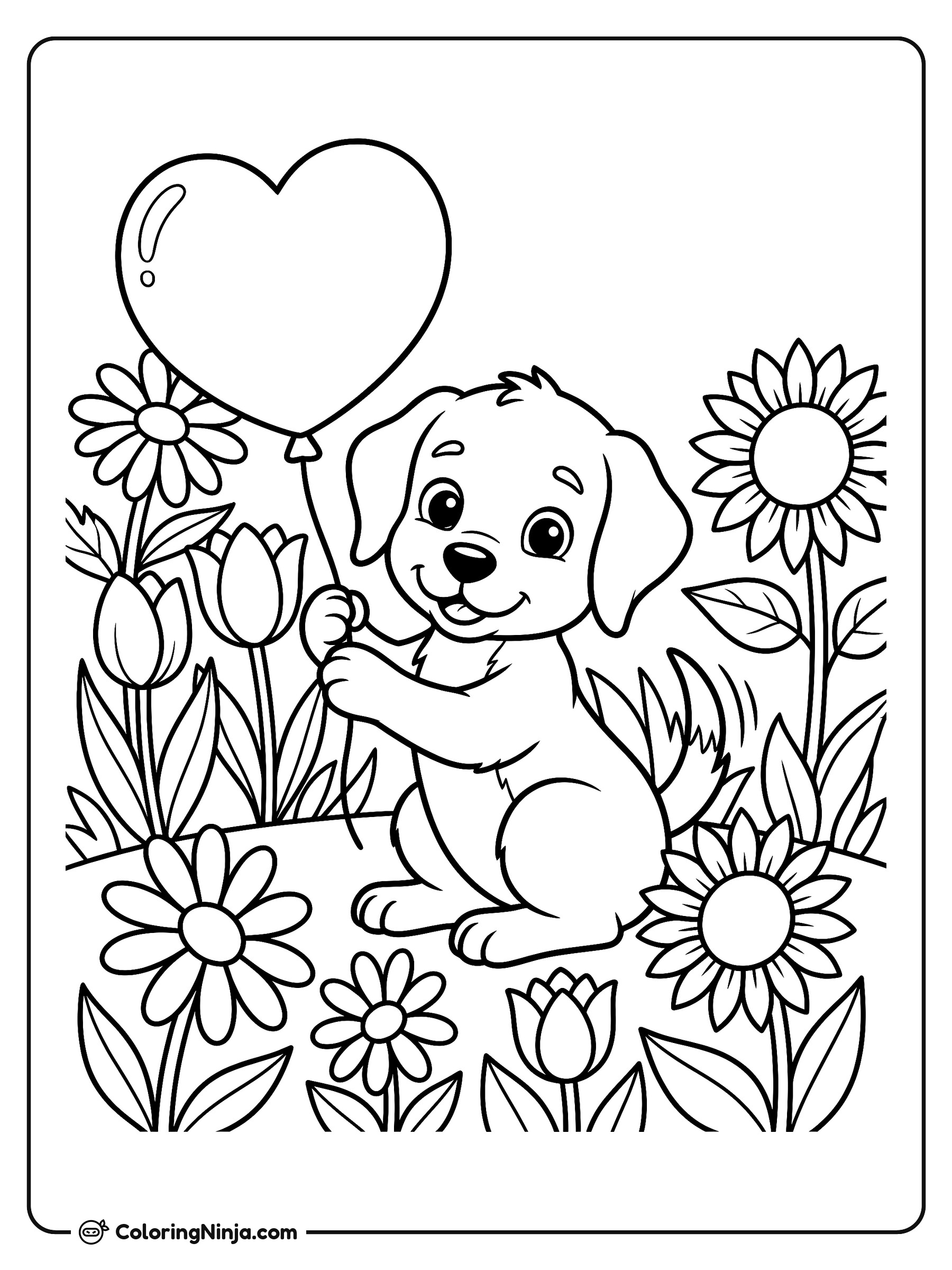 Puppy with a Heart Balloon Coloring Page