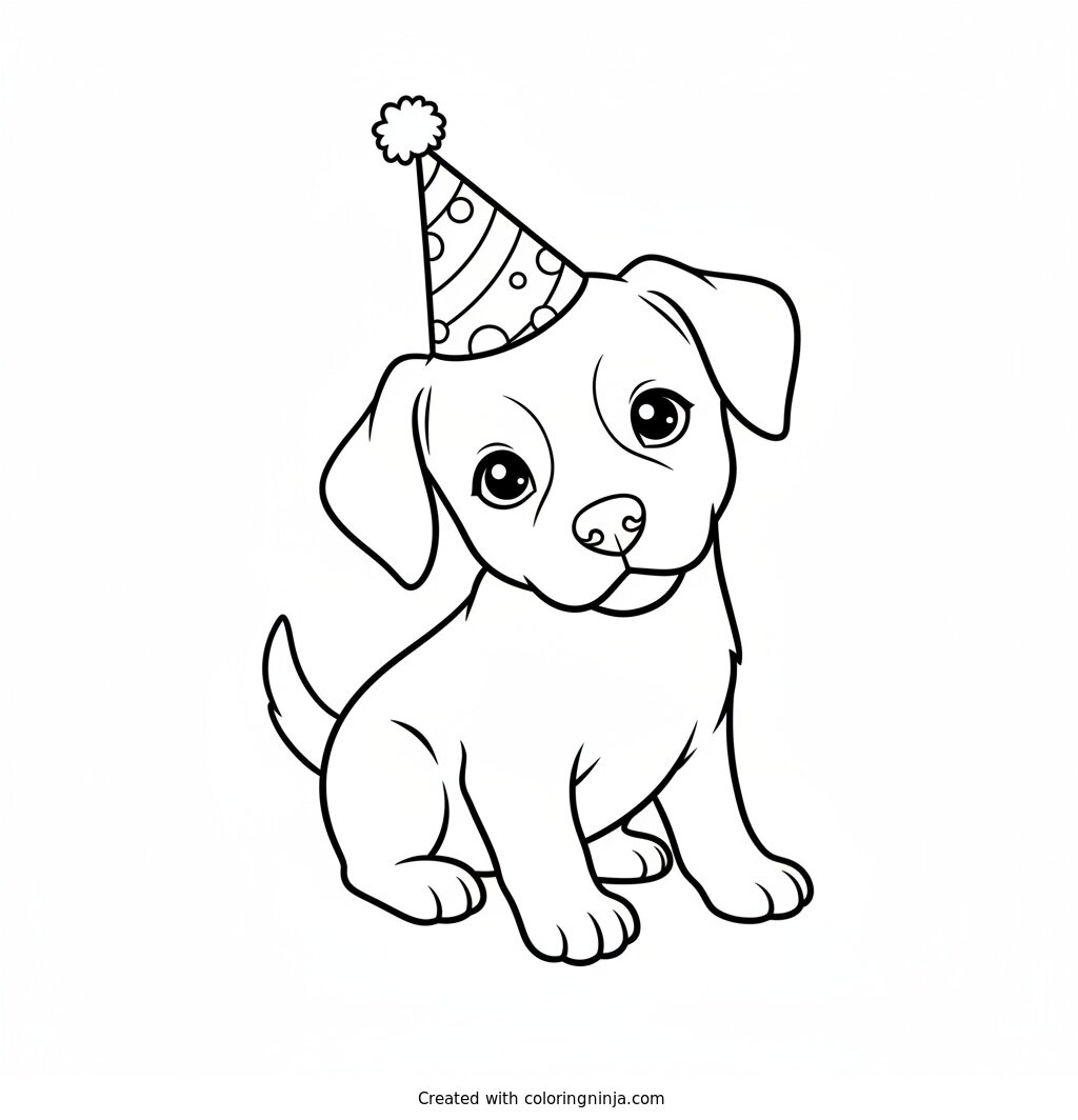 Cute Puppy Wearing a Birthday Hat Coloring Page