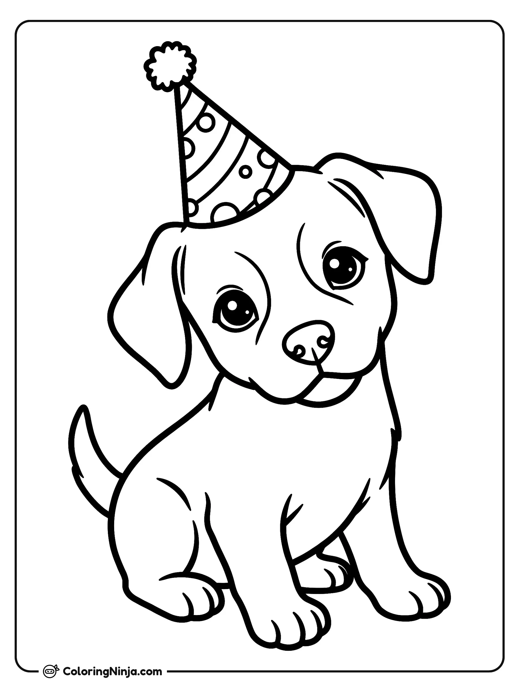 Perrito tierno con gorro de cumpleaños, dibujo para colorear: Un tierno perrito está sentado pacientemente con un divertido gorro de fiesta decorado con lunares y rayas.