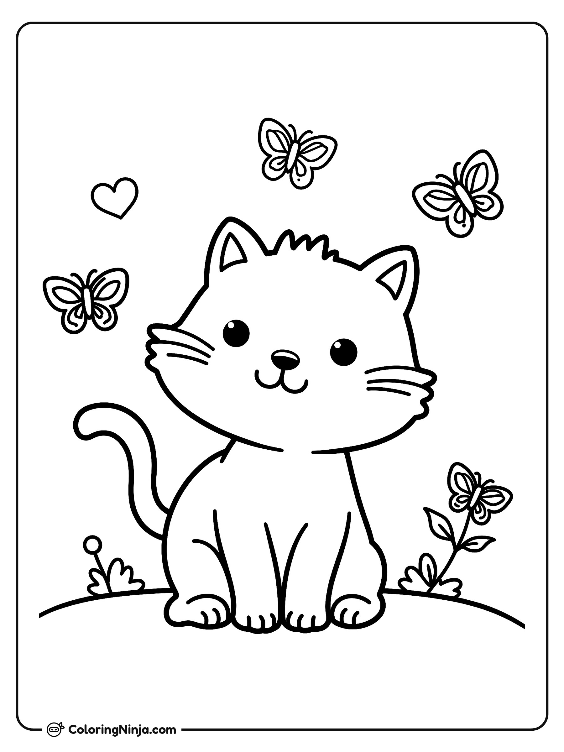 Gatito tierno con mariposas: dibujo para colorear