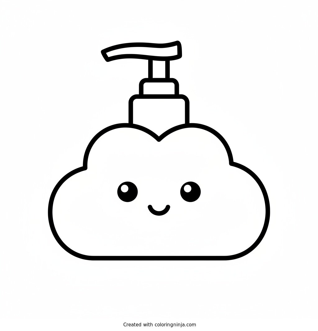 Coloring page of Cute skincare pump bottle with a smiling cloud face