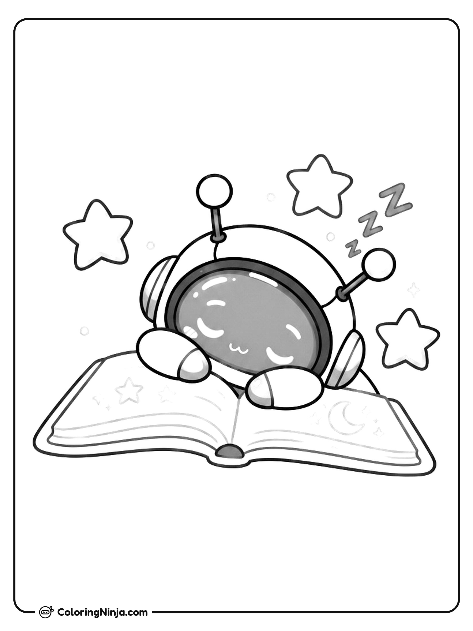 Lindo robot astronauta durmiendo sobre un libro: dibujo para colorear