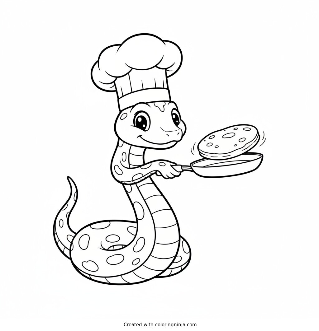 Little Chef Snake Making Pancakes Coloring Page