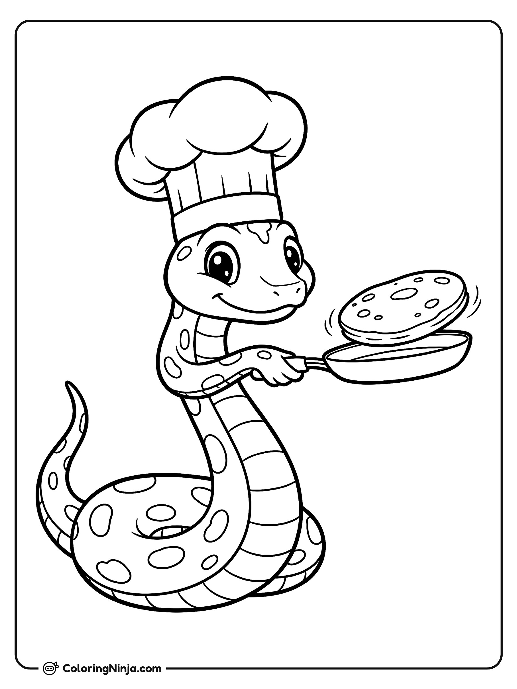 Serpiente cocinera preparando panqueques: dibujo para colorear