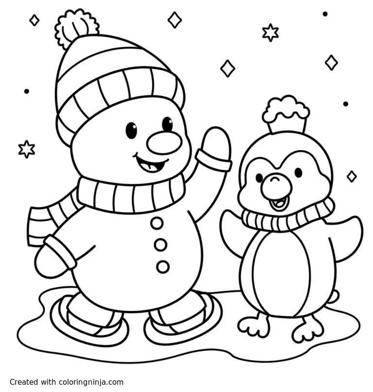 A coloring page of Cute Snowman and Penguin Ice Skating