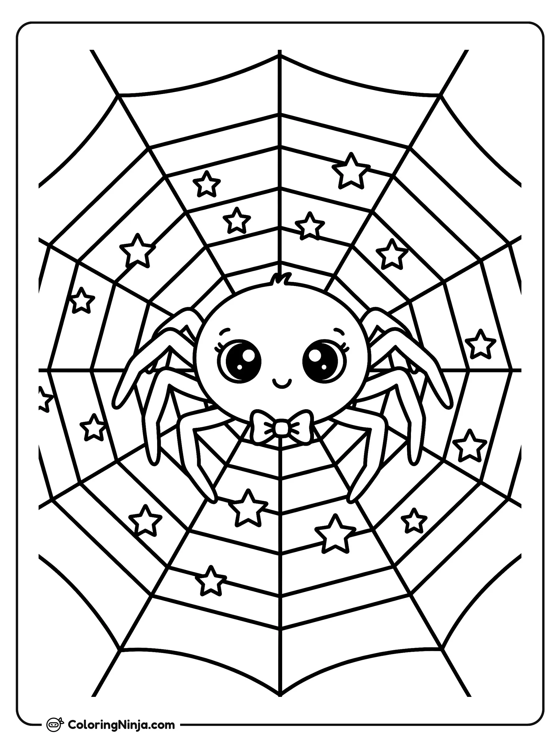 La telaraña elegante de la araña, dibujo para colorear: Una tierna arañita con un pequeño moño descansa en el centro de su gran telaraña. A su alrededor hay muchas estrellitas repartidas entre los hilos para darle un toque mágico.