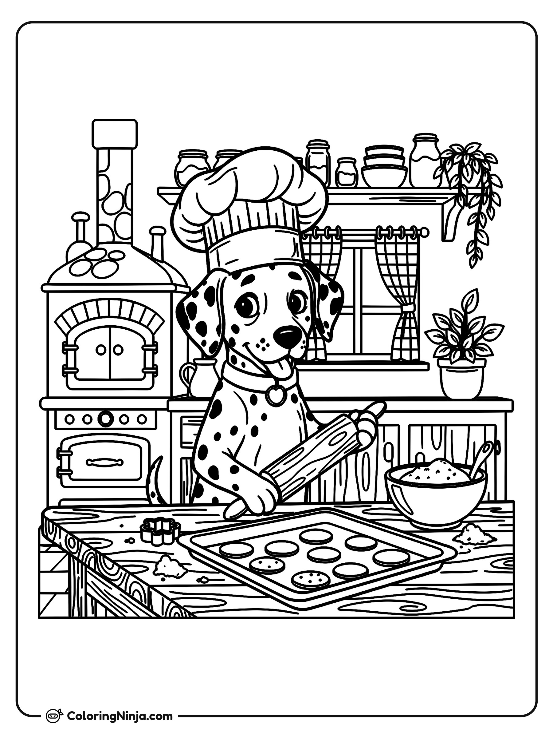 Perrito chef horneando galletas: dibujo para colorear