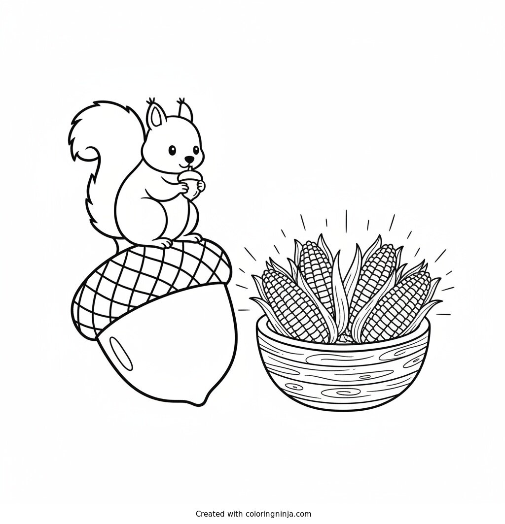 Squirrel and Indian Corn Coloring Page