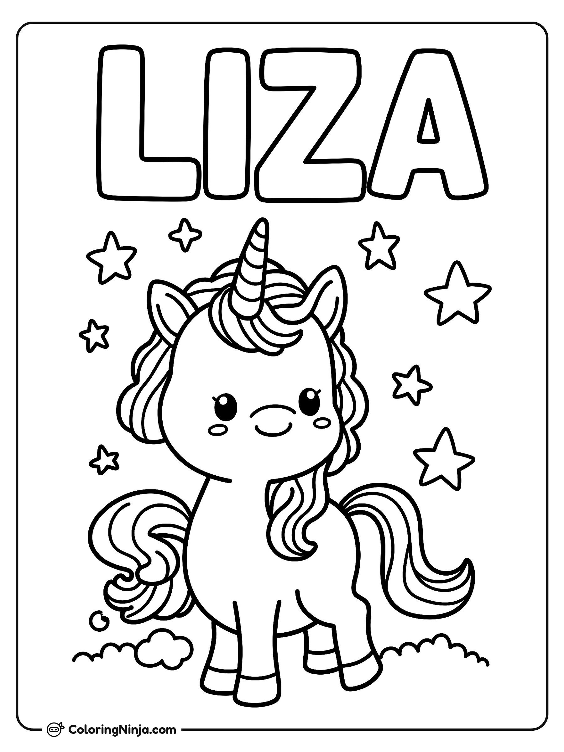 Lindo unicornio con estrellas: dibujo para colorear