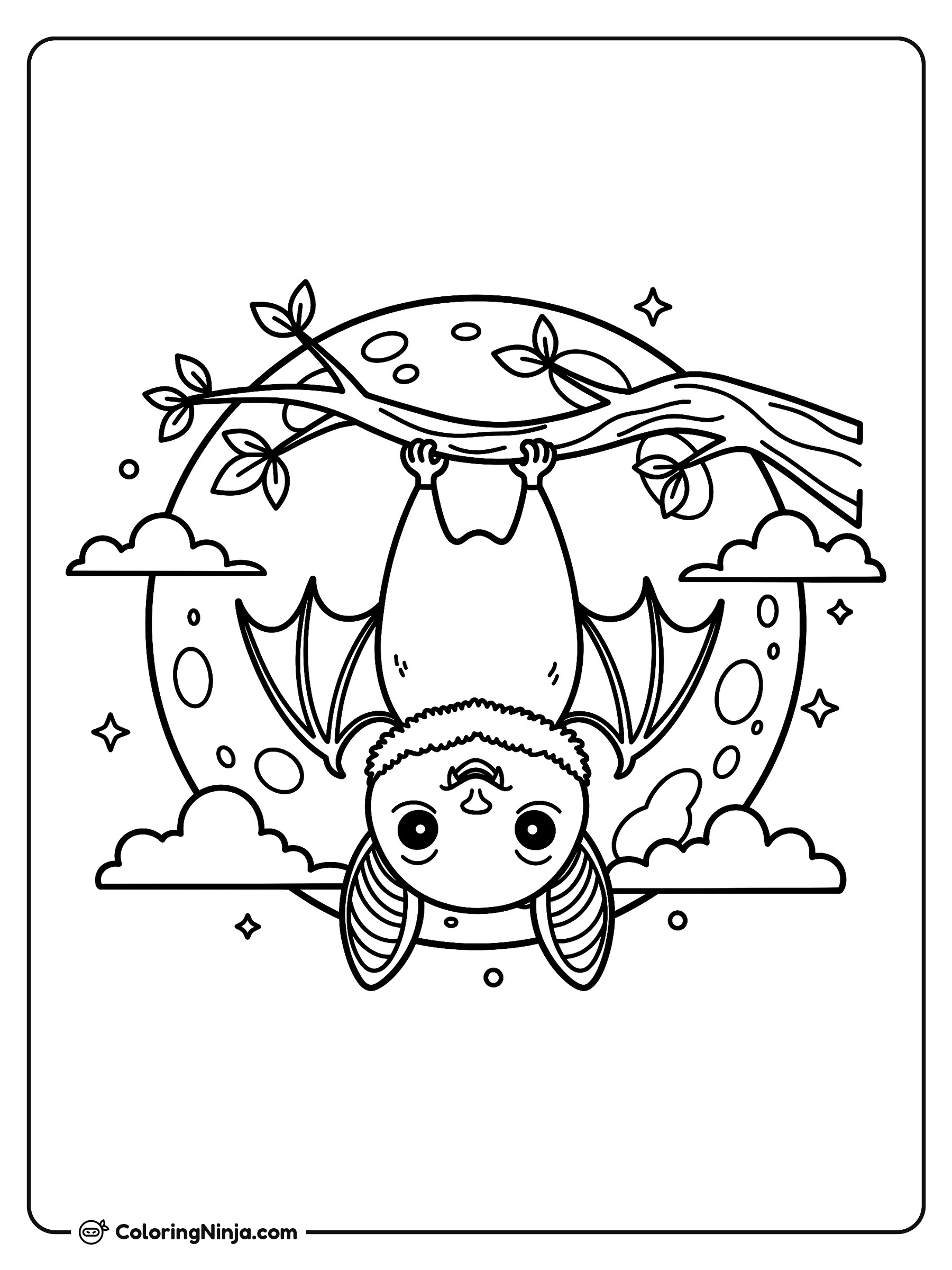 El murciélago acogedor en el árbol: dibujo para colorear