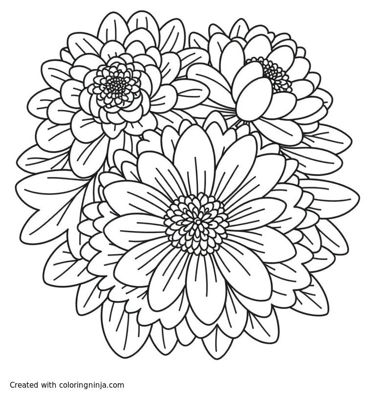 A coloring page of Dahlias and Peonies Arrangement